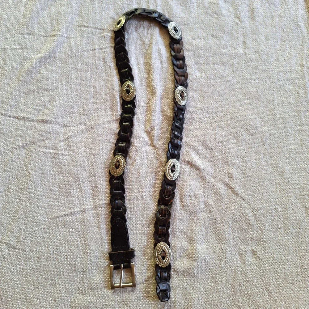 Vintage Braided Leather Concho Belt Southwestern Cowgirl Brass India Capezio